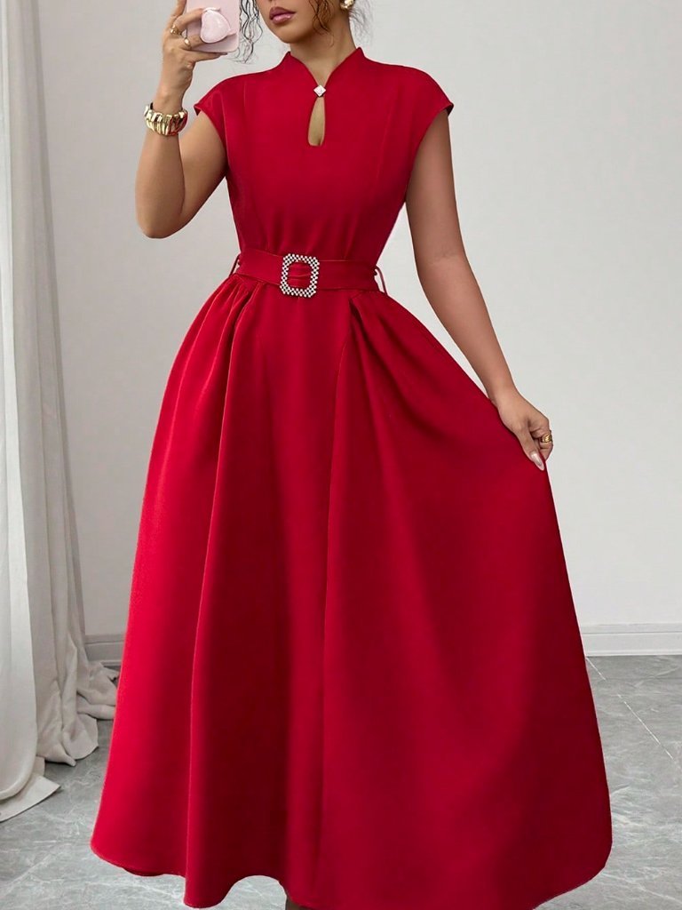 Red Elegant Women's Party Midi Dress With Waist Tie Belt, Flared Hem